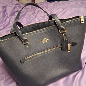 Coach Dark Navy Leather Tote with Gold Accents